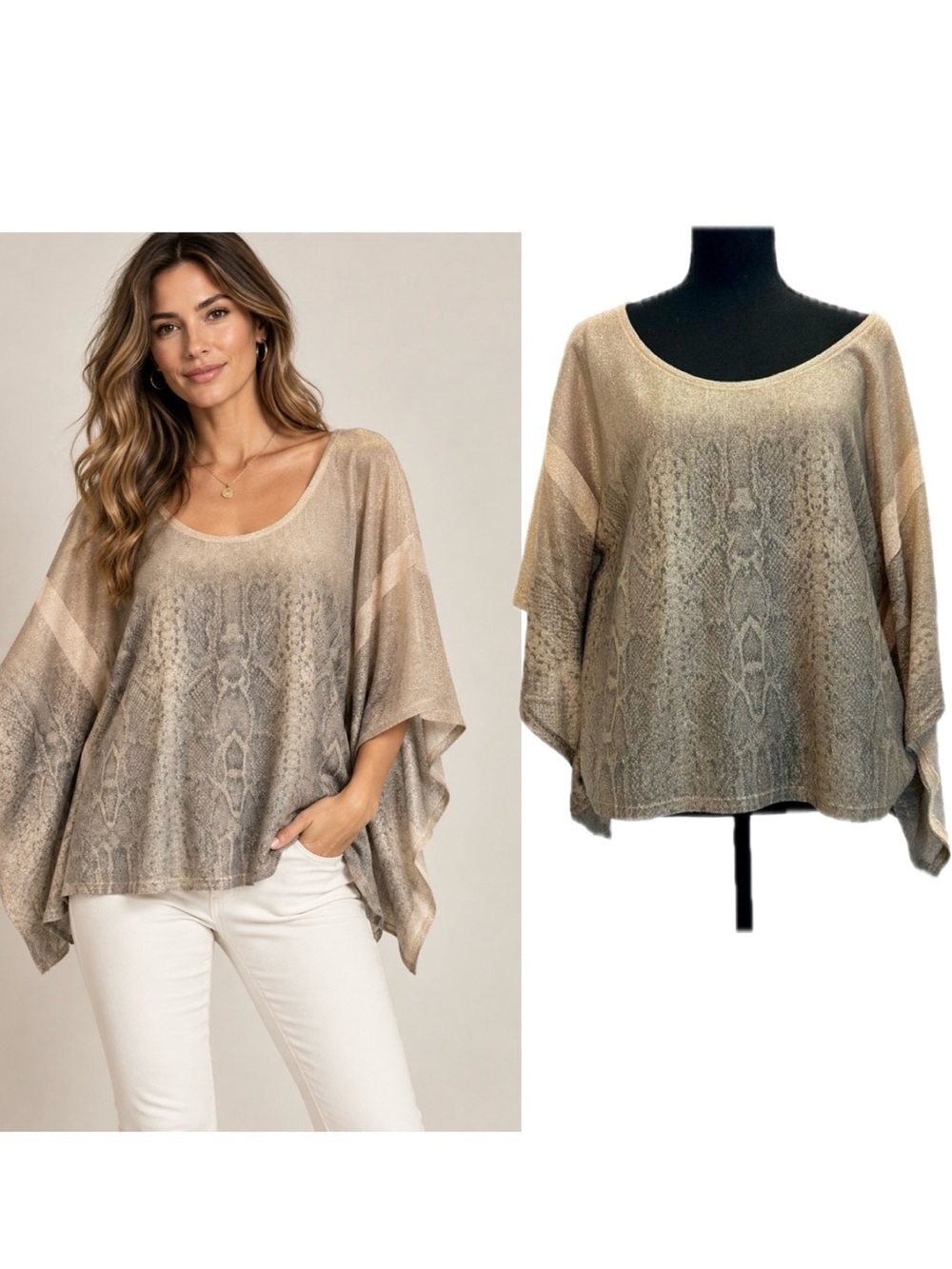 Seduction Women’s Shimmer Snake Print Batwing Poncho Blouse Cream Gray Size M
